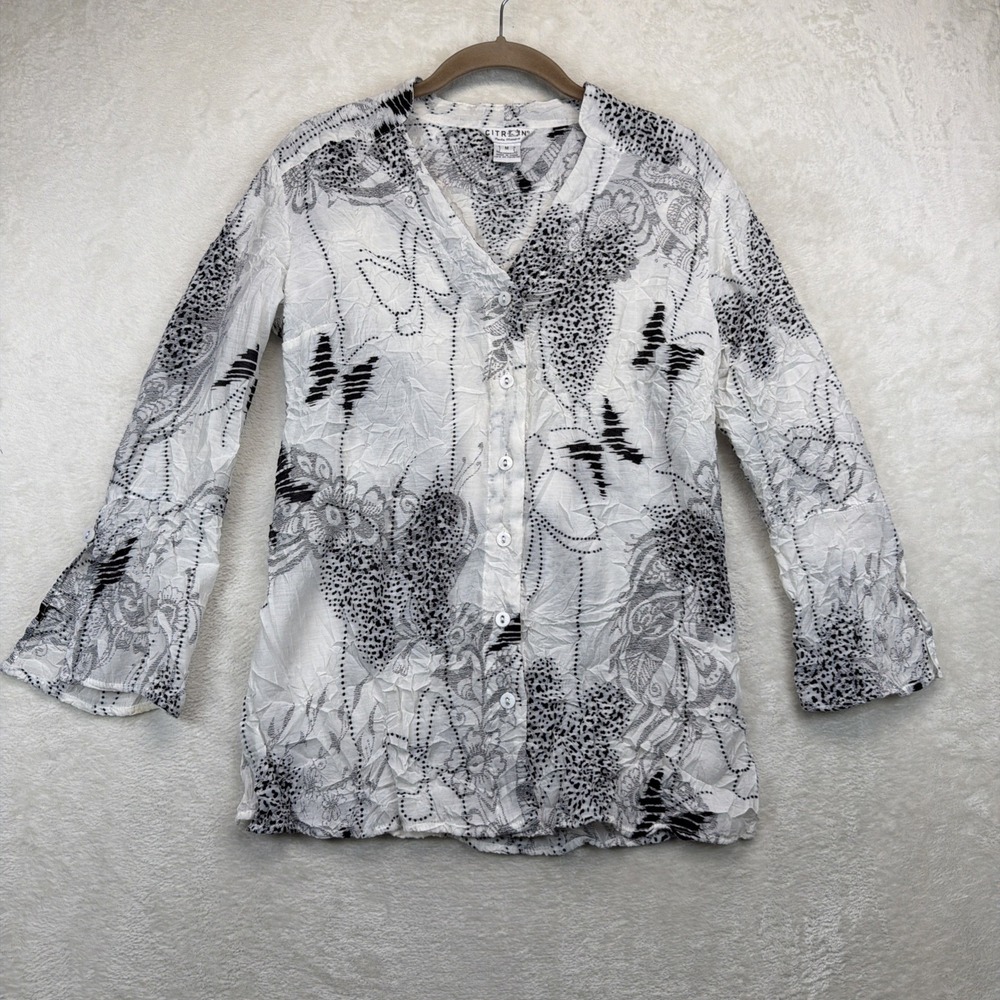 Citron Santa Monica Blouse Women's M Bamboo Butterfly Floral Button Front Top
